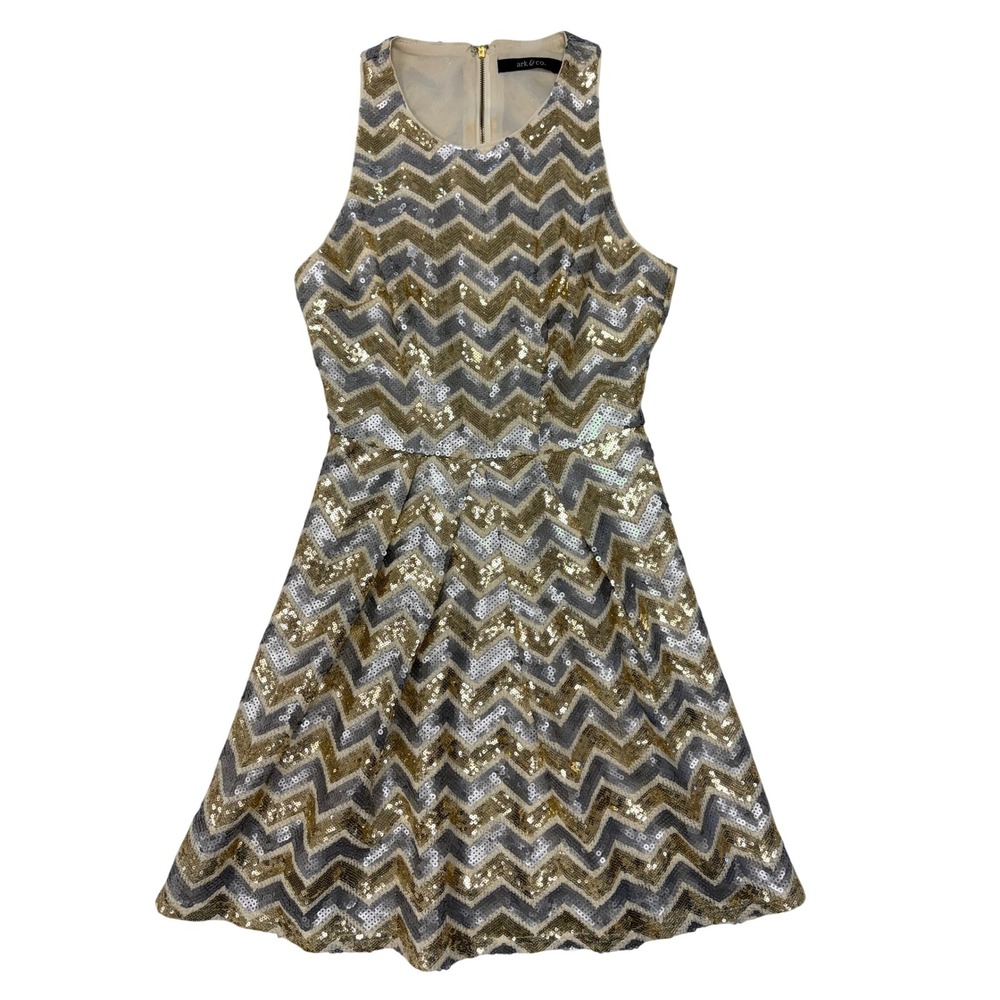 Ark & Co Gold Silver Sequin Chevron Dress Sleeveless DL17187B S
